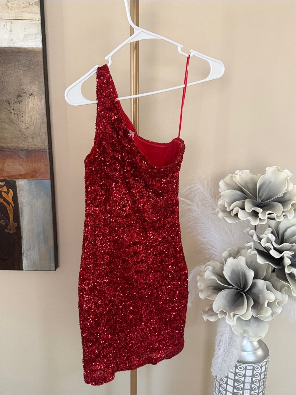 Red Sequin One-Shoulder Mini Dress - Brand Unknown